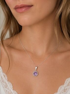 New Halo Design Amethyst Pendant Sterling Silver , February Birthstone